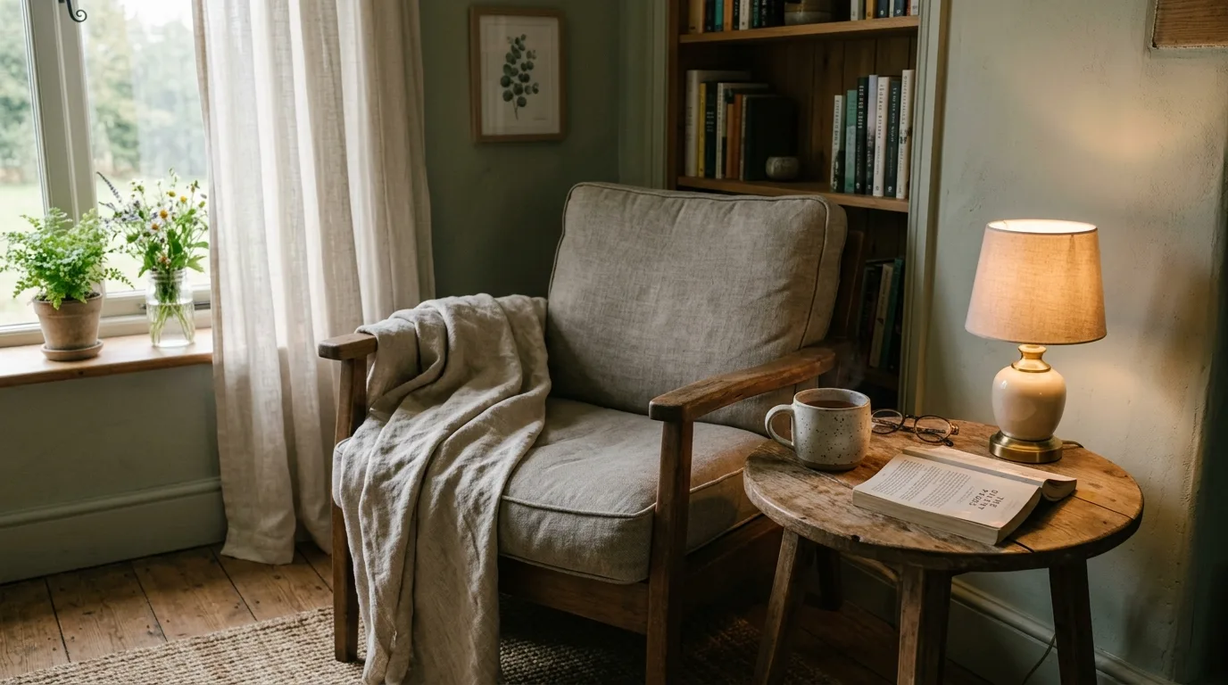 Build a quiet reading nook with restraint inspiration for a Wabi Sabi interior.